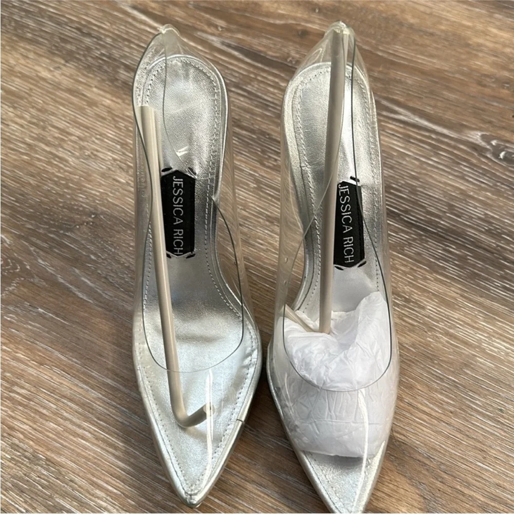 Jessica Rich Women’s Silver Clear Fancy Stiletto Pointed-Toe Pumps- Size 38